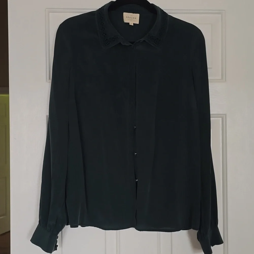 Sezane Vito Silk Shirt Bottle Green - Size 10, VGUC - Picture 2 of 5